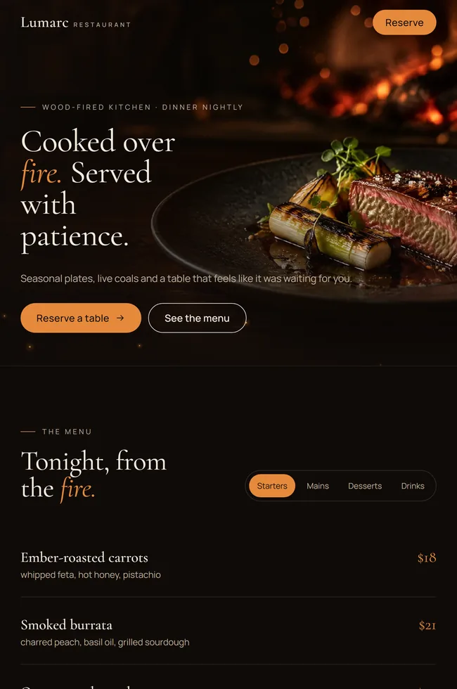 A custom website by Lumarc: the Lumarc Restaurant concept site with a fire-lit hero and an elegant menu