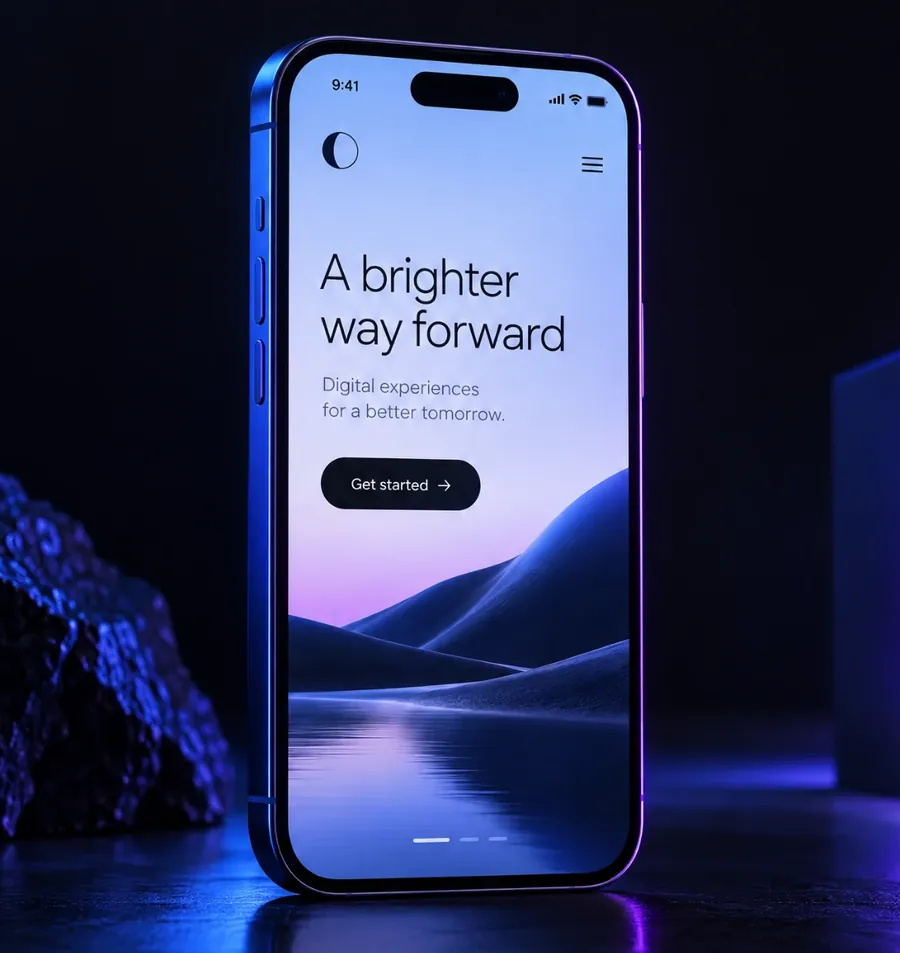 A modern mobile website on a phone, glowing on a dark surface