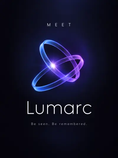 Instagram post: Meet Lumarc: the glowing two-ring logo on a dark background